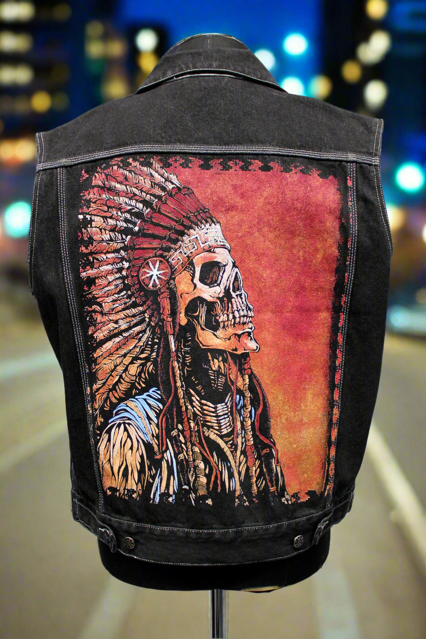 Shrine of Hollywood MOTORCYCLE DENIM VEST - INDIAN CHIEF SKULL PRINT Men's Vests