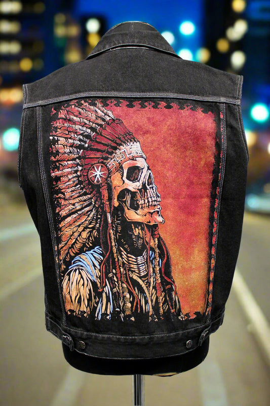 MOTORCYCLE DENIM VEST - INDIAN CHIEF SKULL PRINT Shrine of Hollywood vest Men's Vests
