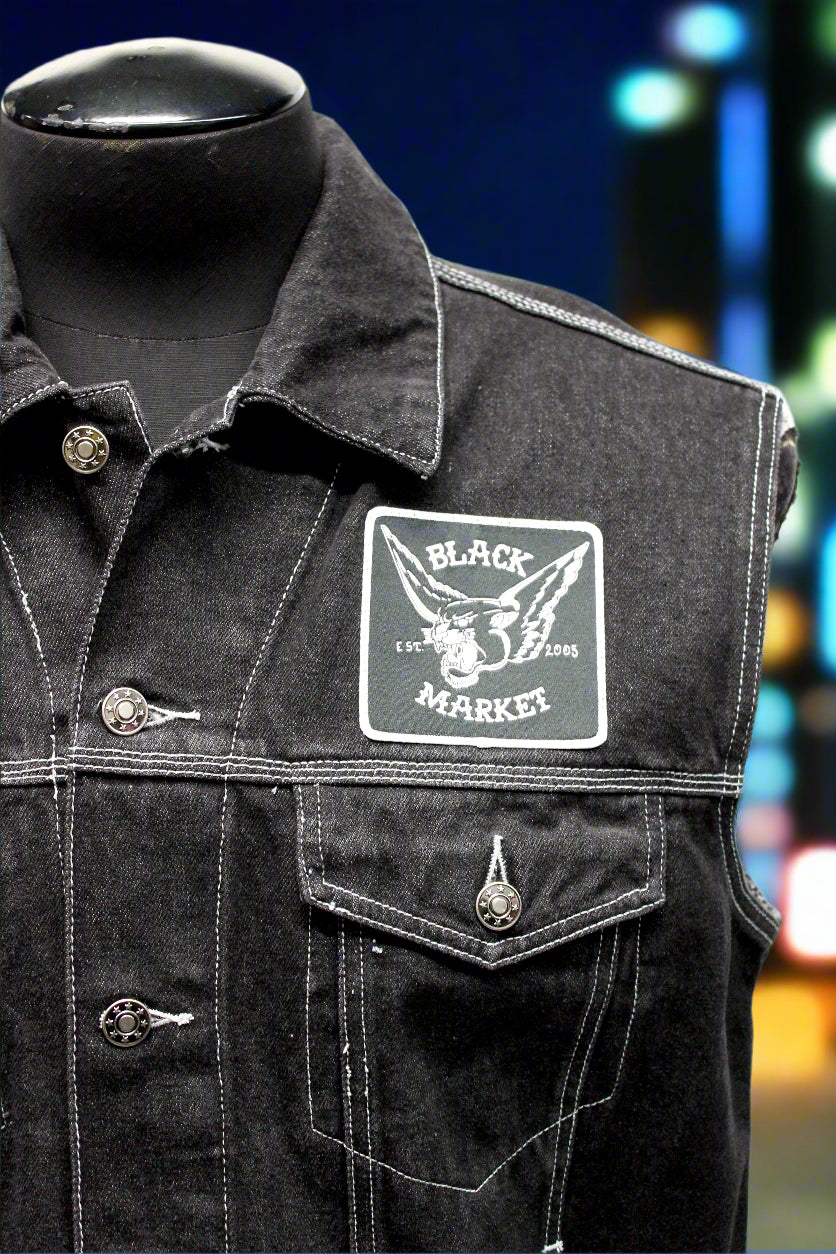 MOTORCYCLE DENIM VEST - COBRA SNAKE PRINT Shrine of Hollywood vest Men's Vests