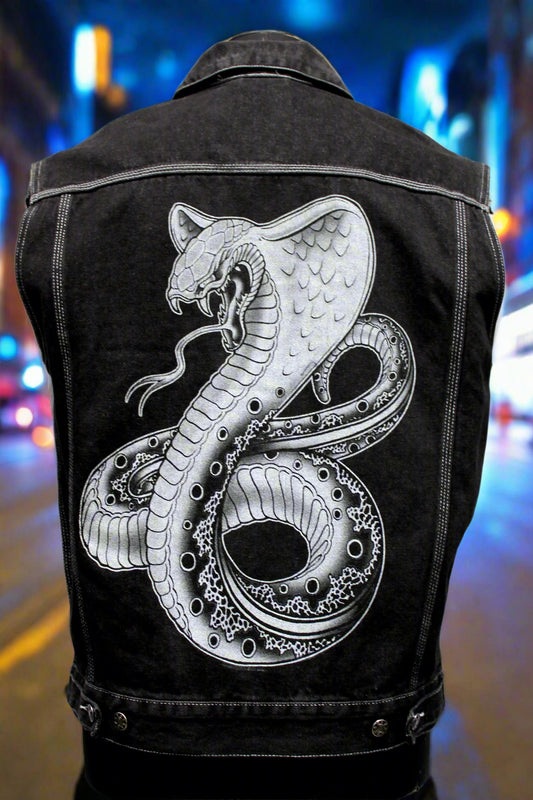 MOTORCYCLE DENIM VEST - COBRA SNAKE PRINT Shrine of Hollywood vest Men's Vests