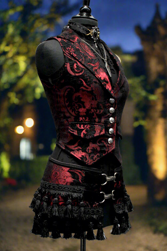 TASSEL SKIRT - RED/BLACK TAPESTRY Shrine of Hollywood Skirt cabaret goth gothic Skirts