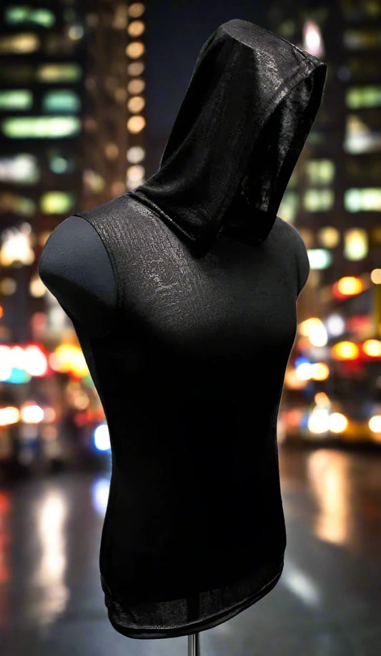 MEN'S HOODIE T - METALLIC BLACK Shrine of Hollywood shirt black burning man cyber festival future goth gothic industrial iridescent Men's T-Shirts metallic neotropolis punk shirt sleeveless underground wasteland