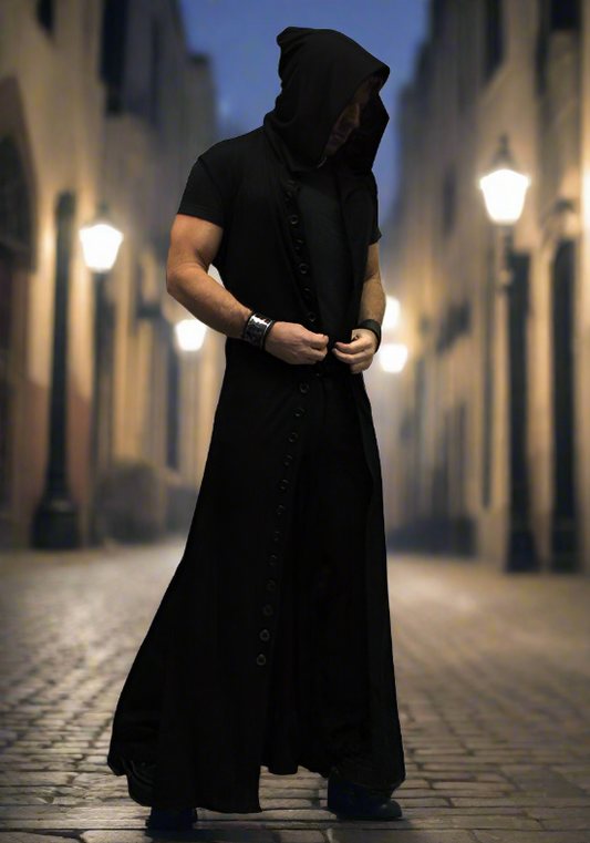 WRAITH ROBE - LIGHTWEIGHT BLACK COTTON Shrine of Hollywood vest coat hood Men's Coats