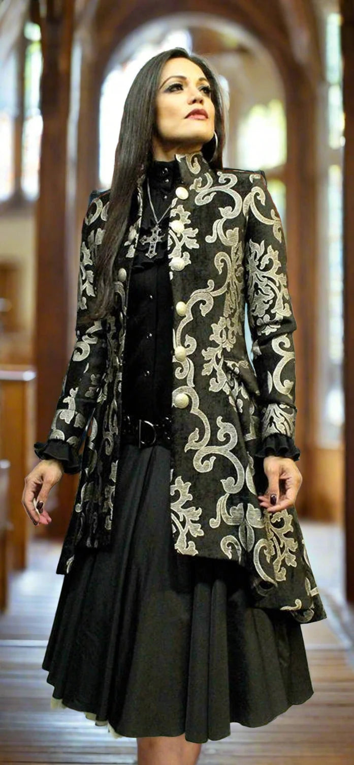 Shrine of Hollywood LIONHEART COAT - SILVER ON BLACK VELVET BROCADE Women's Coats