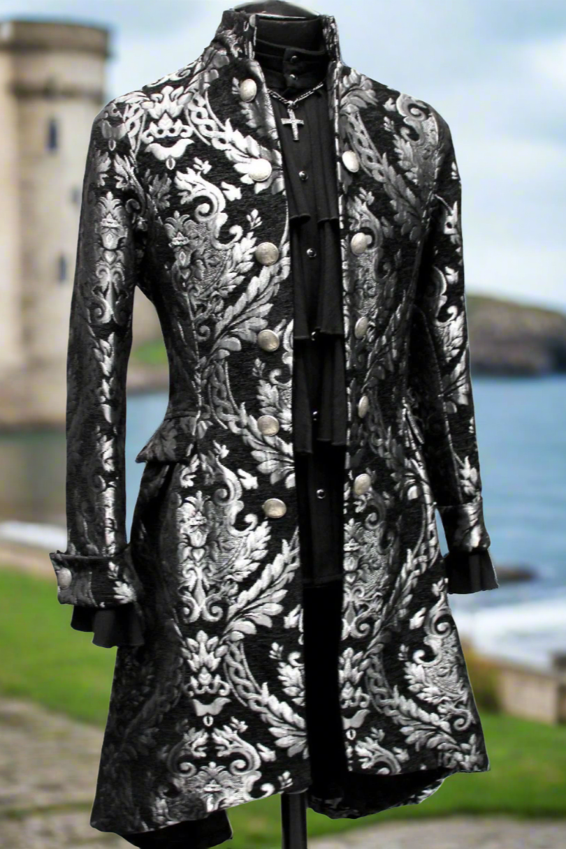 Shrine of Hollywood ORDER OF THE DRAGON COAT - SILVER/BLACK TAPESTRY best seller formal goth gothic jacket long sleeve Men's Coats metallic silver vampire