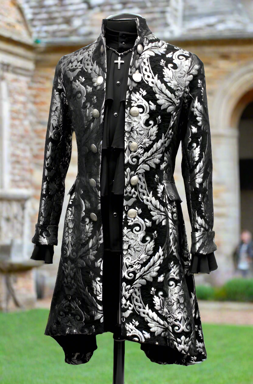 Shrine of Hollywood ORDER OF THE DRAGON COAT - SILVER/BLACK TAPESTRY best seller formal goth gothic jacket long sleeve Men's Coats metallic silver vampire