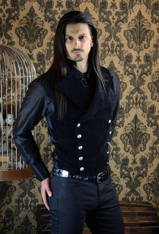 CAVALIER VEST - BLACK VELVET Shrine of Hollywood vest black cavalier double breasted goth gothic Men's Vests vampire vest