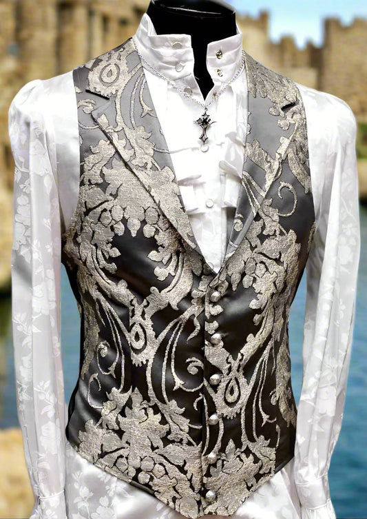 ARISTOCRAT VEST - Grey Satin Brocade Shrine of Hollywood vest brocade formal grey Men's Vests steampunk summer vest victorian wedding