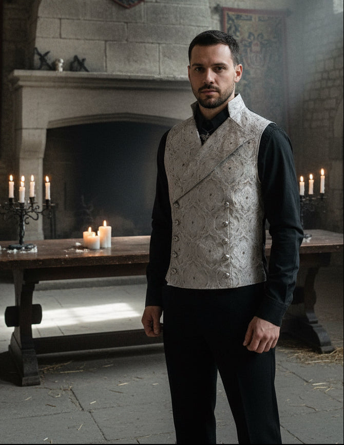 CAVALIER VEST - Silver Edwardian Brocade Shrine of Hollywood vest cavalier double breasted formal Men's Vests silver victorian wedding