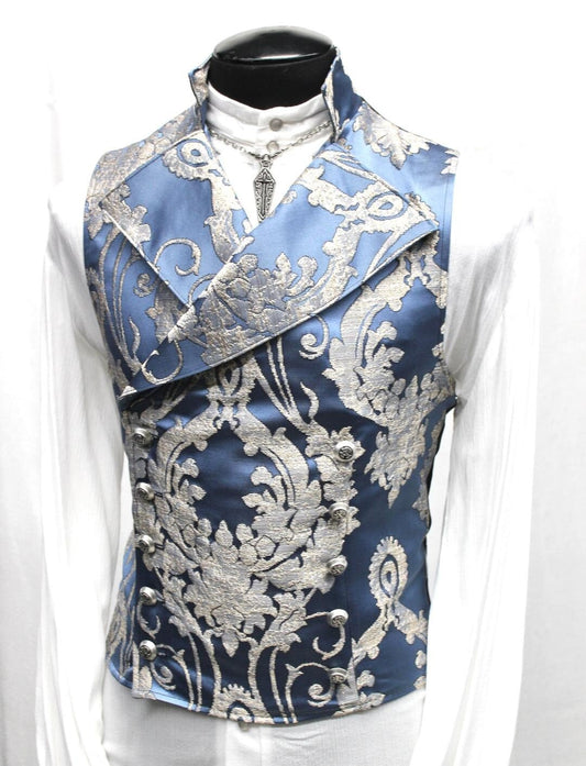 CAVALIER VEST - Ice Blue Satin Brocade Shrine of Hollywood vest blue cavalier formal ice blue Men's Vests summer victorian wedding