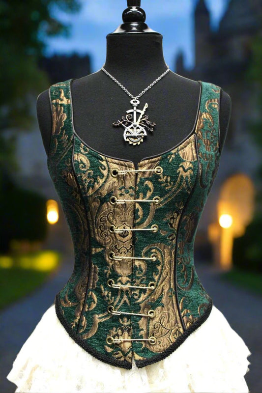 PIN BODICE - Green/Gold Tapestry Shrine of Hollywood women's corset top corset Women's corset tops Women's Corsets