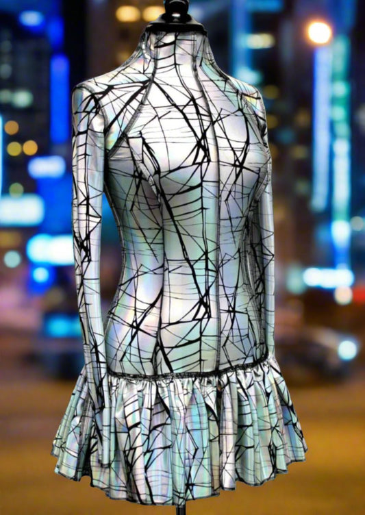 FUTURE SHOCK DRESS - Cracked Hologram Fabric - White Shrine of Hollywood dress cyber dress Dresses future hologram iridescent long sleeve metallic silver