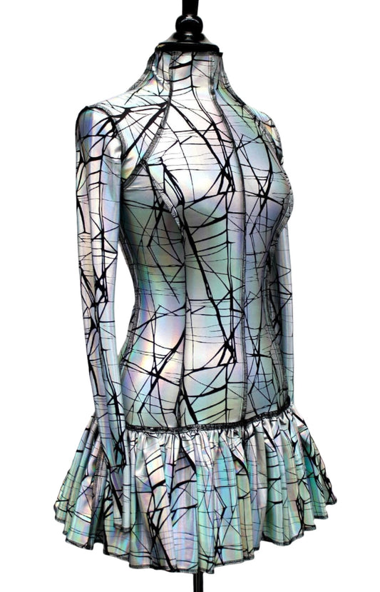 FUTURE SHOCK DRESS - Cracked Hologram Fabric - White Shrine of Hollywood dress cyber dress Dresses future hologram iridescent long sleeve metallic silver