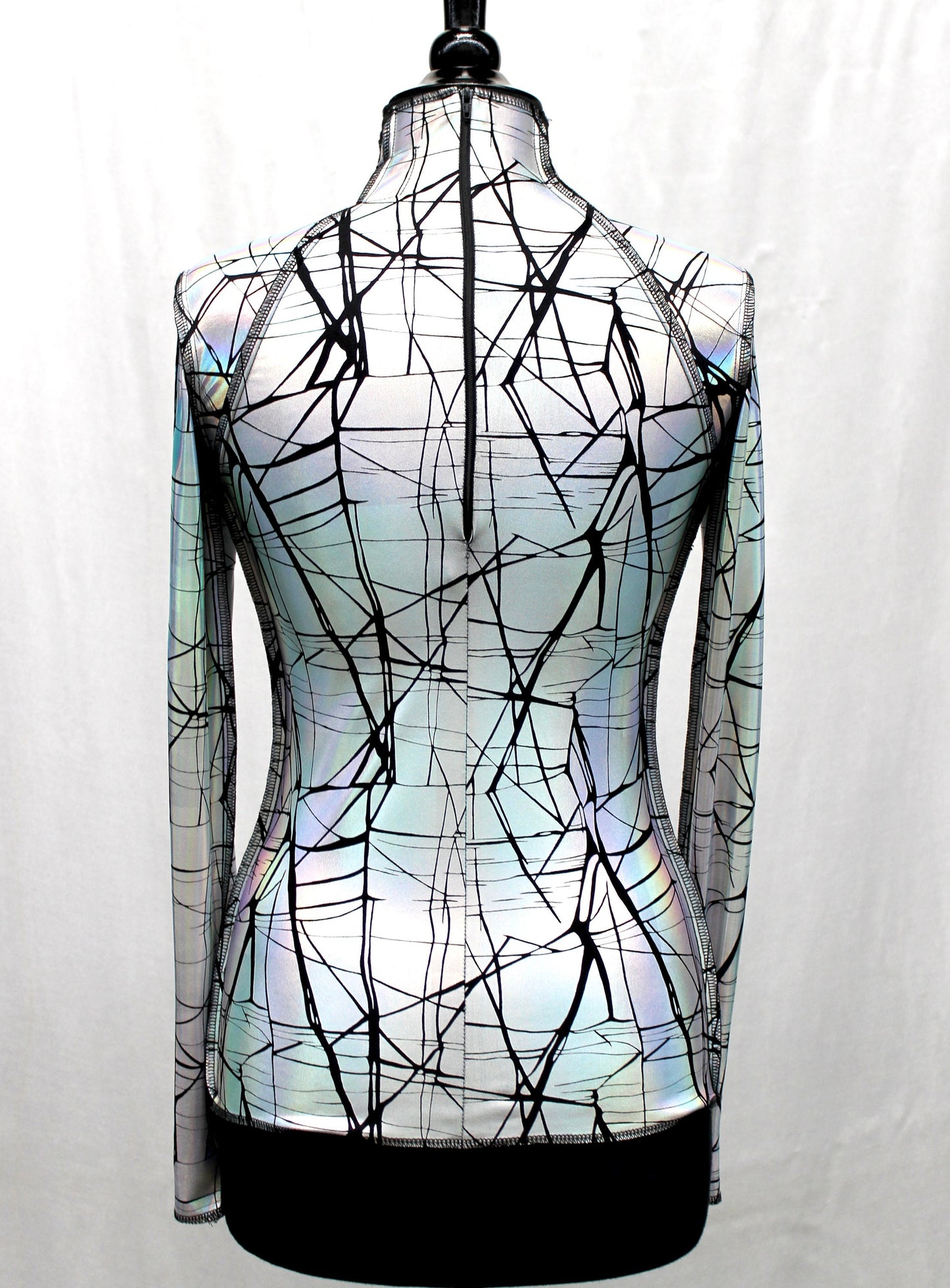 FUTURE SHOCK TOP Long Sleeve - Cracked Hologram Fabric - White Shrine of Hollywood top club cyber hologram industrial iridescent long sleeve metallic new rave shirt silver underground white Women's Tops