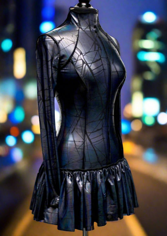 FUTURE SHOCK DRESS - Cracked Hologram Fabric - Black Shrine of Hollywood dress cyber dress Dresses future hologram iridescent long sleeve metallic