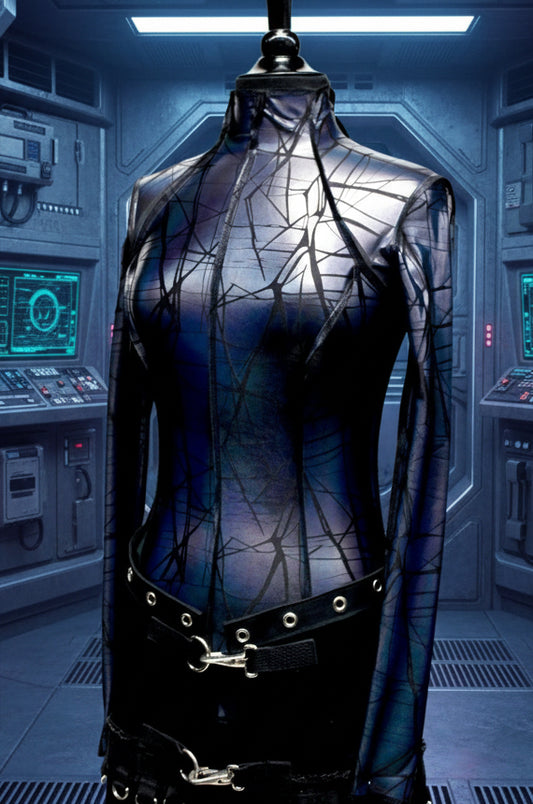 FUTURE SHOCK TOP Long Sleeve - Cracked Hologram Fabric - Black Shrine of Hollywood top club cyber hologram industrial iridescent long sleeve metallic new rave shirt underground Women's Tops