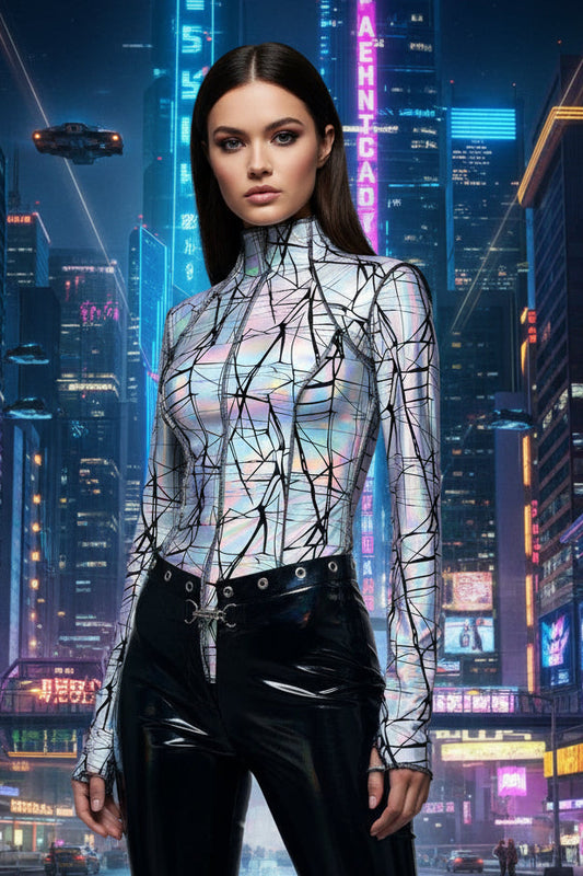 FUTURE SHOCK TOP Long Sleeve - Cracked Hologram Fabric - White Shrine of Hollywood top club cyber hologram industrial iridescent long sleeve metallic new rave shirt silver underground white Women's Tops
