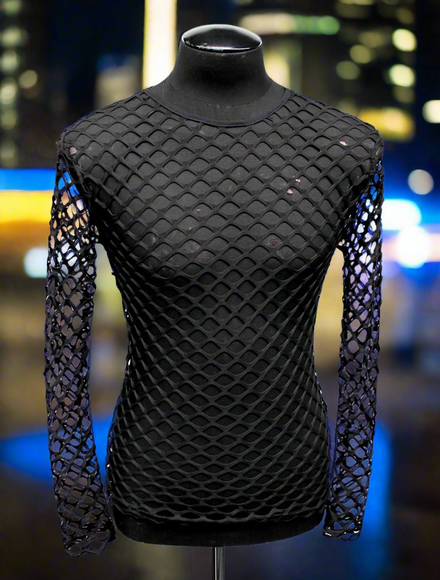 MEN'S LONG SLEEVE T-SHIRT - BIG HOLE FISHNET Shrine of Hollywood shirt black club cyber fishnet goth holes long sleeve Men's T-Shirts net new rave sale shirt steampunk wasteland