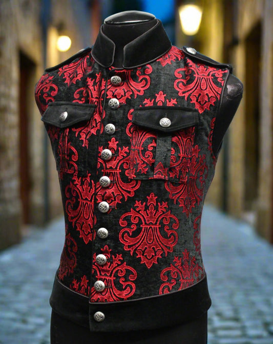 ROYAL MARINE VEST -Red On Black Velvet Brocade Shrine of Hollywood vest army goth gothic Men's Vests military punk sleeveless steampunk underground vest victorian