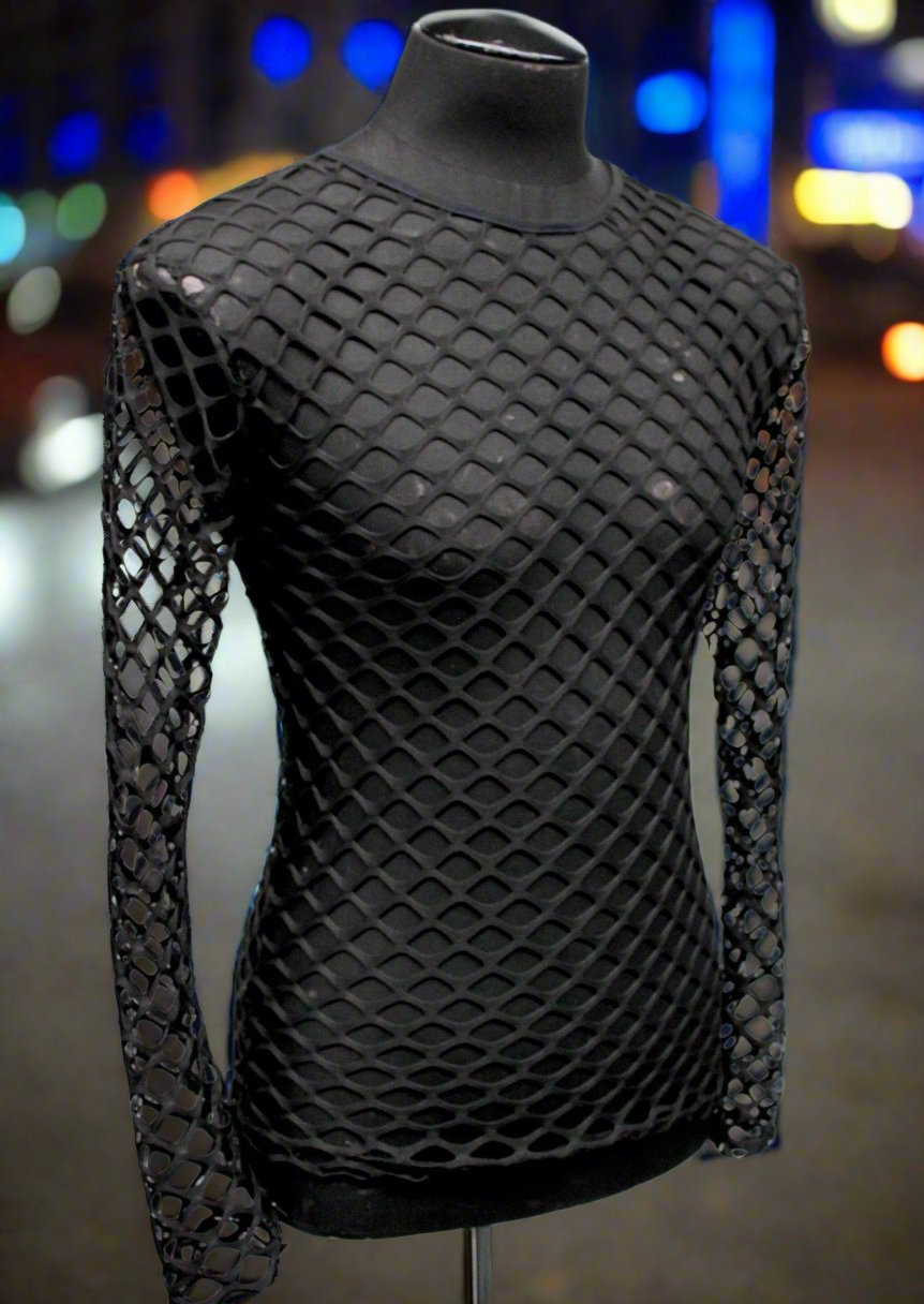 MEN'S LONG SLEEVE T-SHIRT - BIG HOLE FISHNET Shrine of Hollywood shirt black club cyber fishnet goth holes long sleeve Men's T-Shirts net new rave sale shirt steampunk wasteland