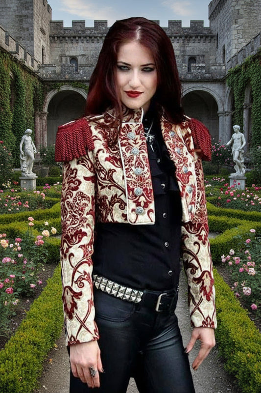 TOREADOR JACKET - BURGUNDY AND IVORY TAPESTRY Shrine of Hollywood jacket aristocrat bolero bridgerton bridgeton jacket bullfighter goth gothic coat jacket pirate coat toreador victorian jacket Women's Jackets
