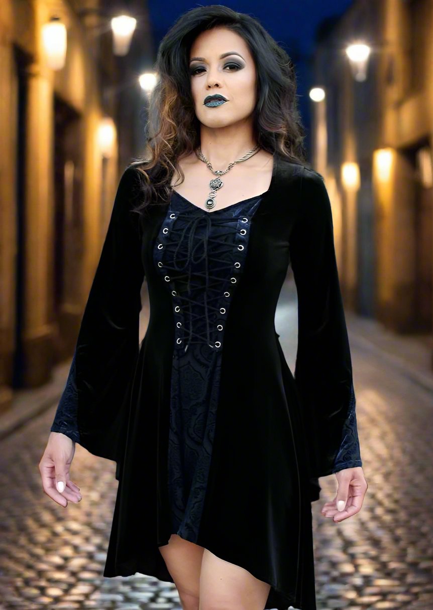 DRAGONLADY DRESS - BLACK w/ BLUE VELVET Shrine of Hollywood Dresses
