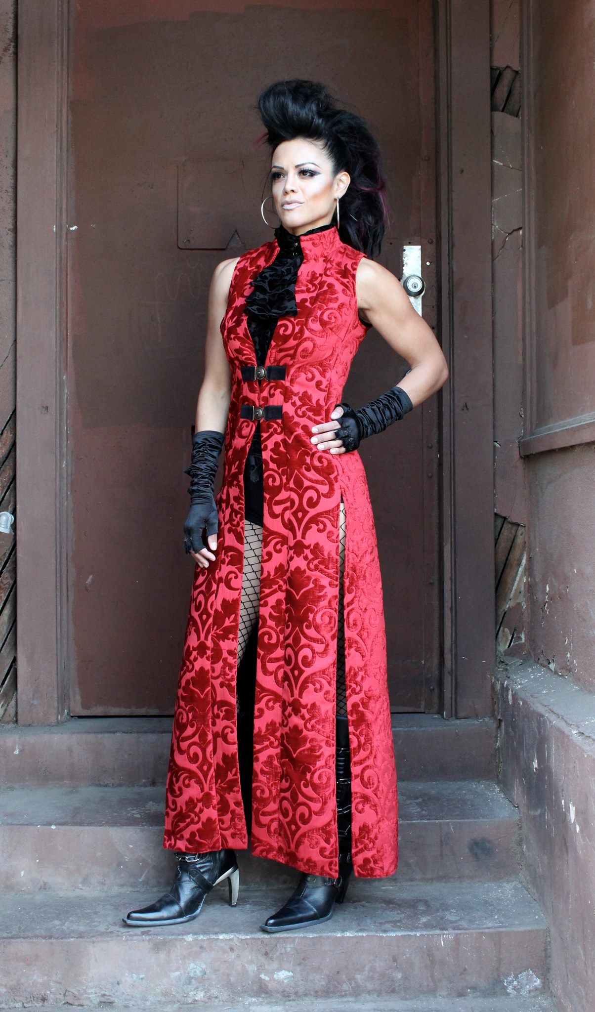 Shrine of Hollywood NECROMANTIC COAT/VEST - RED PRINT VELVET Women's Coats