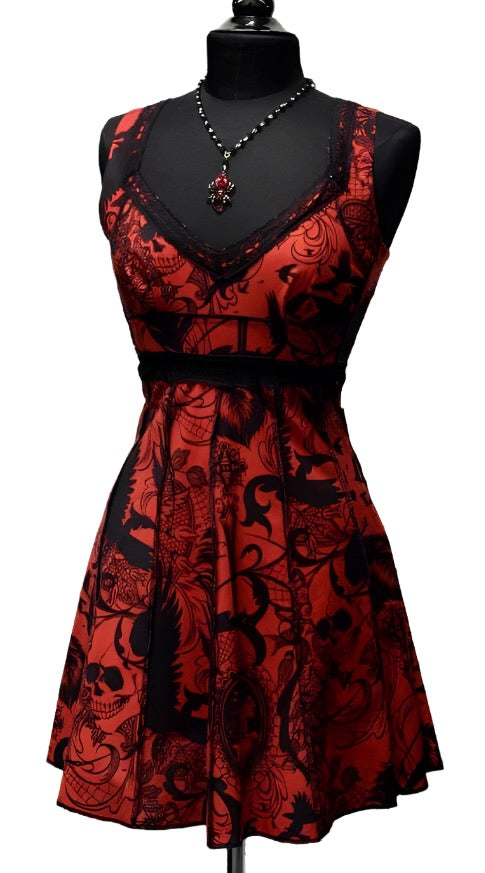 VINTAGE STYLE COCKTAIL DRESS - GOTHIC TATTOO PRINT - RED Shrine of Hollywood dress cocktail dress Dresses goth gothic gothic lace red vintage