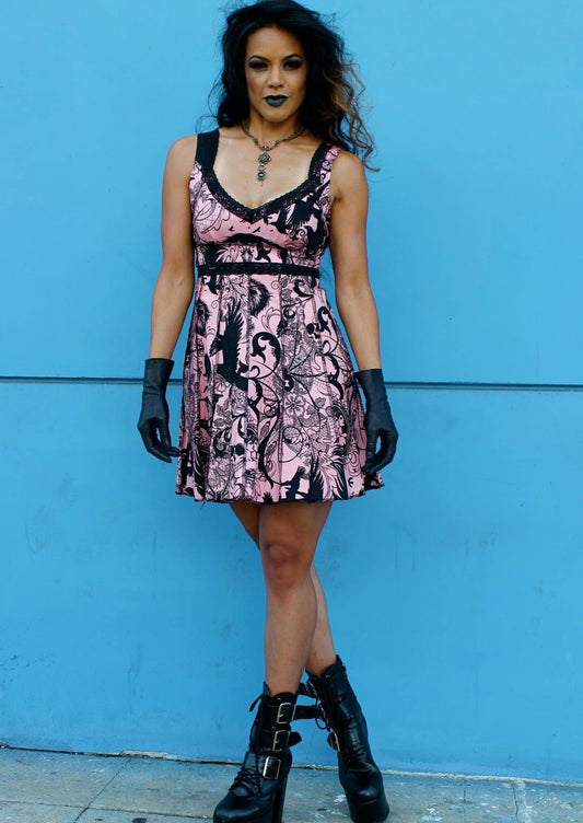 VINTAGE STYLE COCKTAIL DRESS - GOTHIC TATTOO PRINT - PINK/BLACK Shrine of Hollywood dress Dresses