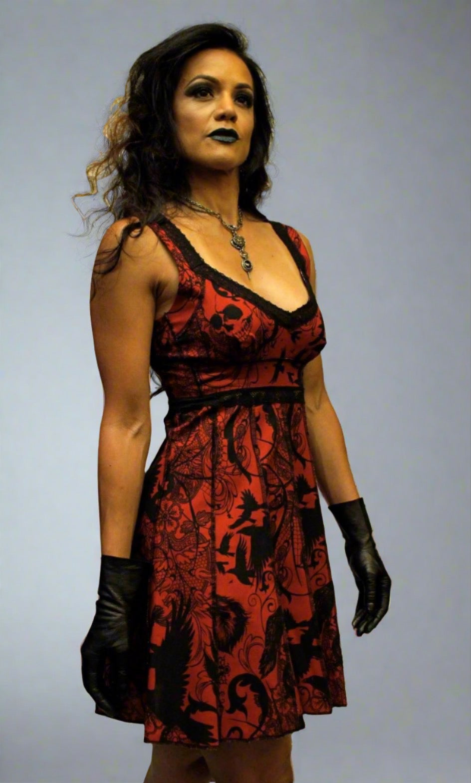 VINTAGE STYLE COCKTAIL DRESS - GOTHIC TATTOO PRINT - RED Shrine of Hollywood dress cocktail dress Dresses goth gothic gothic lace red vintage