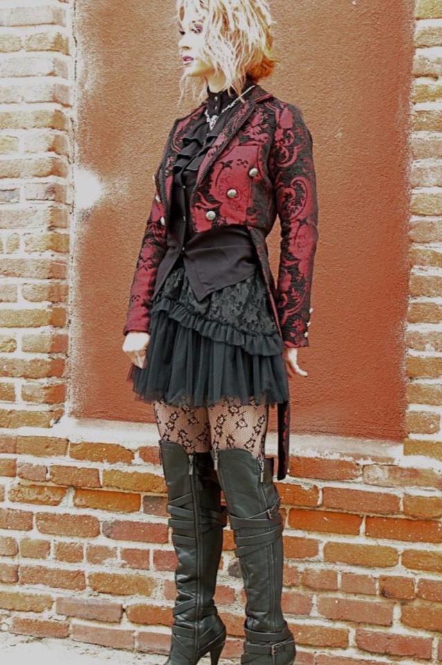 Shrine of Hollywood HARLEQUIN TAILCOAT - RED/BLACK TAPESTRY Women's Coats Women's Jackets
