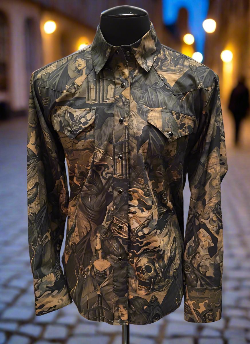 COWBOY SHIRT - HELLFIRE PRINT ANTIQUE Shrine of Hollywood shirt Men's Shirts sal sale