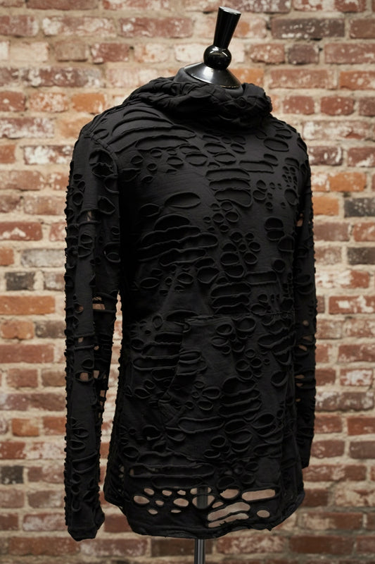 MEN'S LONG SLEEVE HOODIE - BLACK DECAYED FABRIC Shrine of Hollywood hoodie apocalyptic black burning man decayed goth hood hoodie industrial long sleeve Men's T-Shirts rave zombie