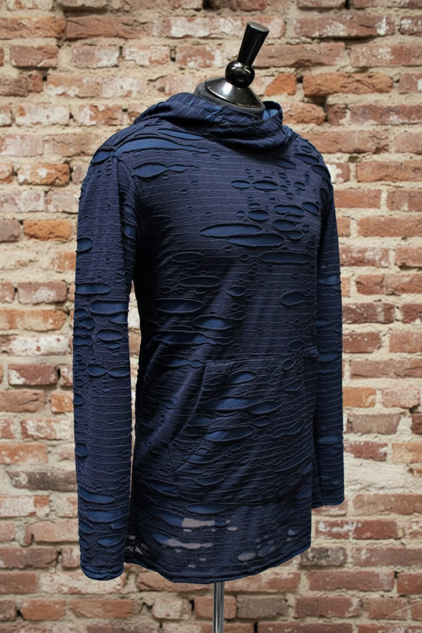 MEN'S LONG SLEEVE HOODIE - BLUE DECAYED FABRIC Shrine of Hollywood hoodie blue decayed hood hoodie long sleeve Men's T-Shirts wasteland