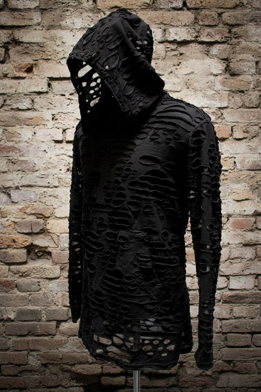 MEN'S LONG SLEEVE HOODIE - BLACK DECAYED FABRIC Shrine of Hollywood hoodie apocalyptic black burning man decayed goth hood hoodie industrial long sleeve Men's T-Shirts rave zombie
