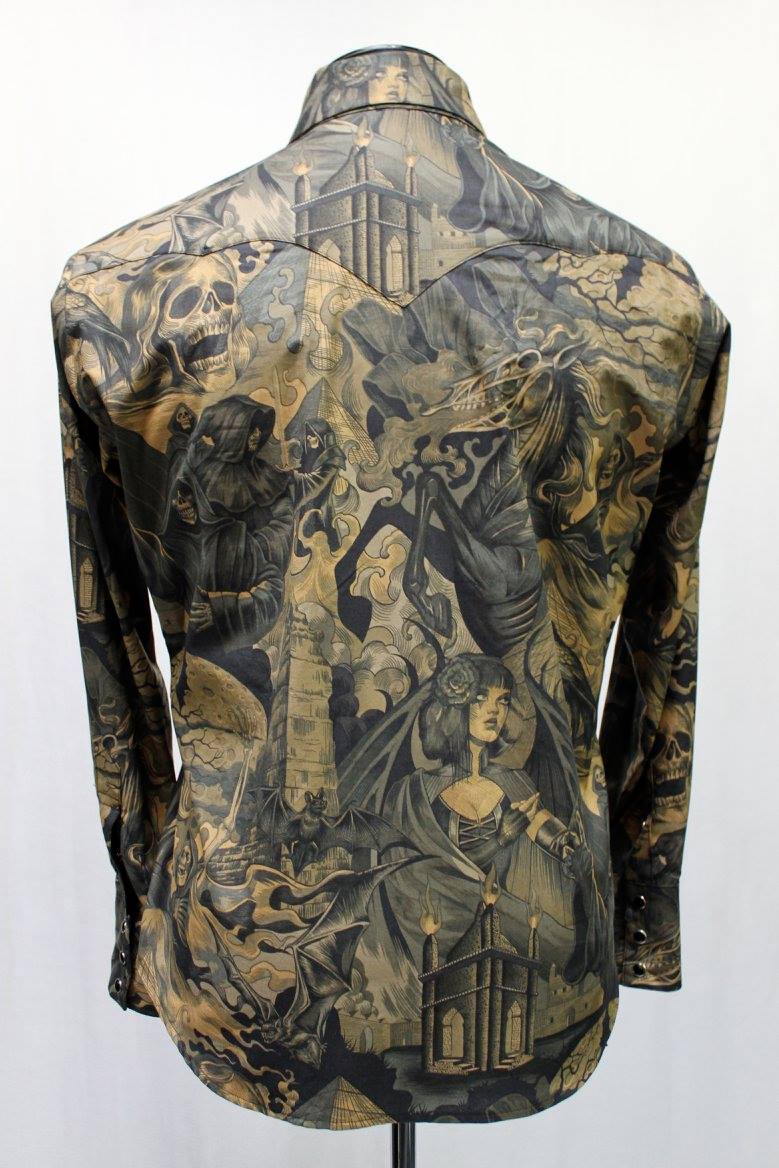 COWBOY SHIRT - HELLFIRE PRINT ANTIQUE Shrine of Hollywood shirt Men's Shirts sal sale