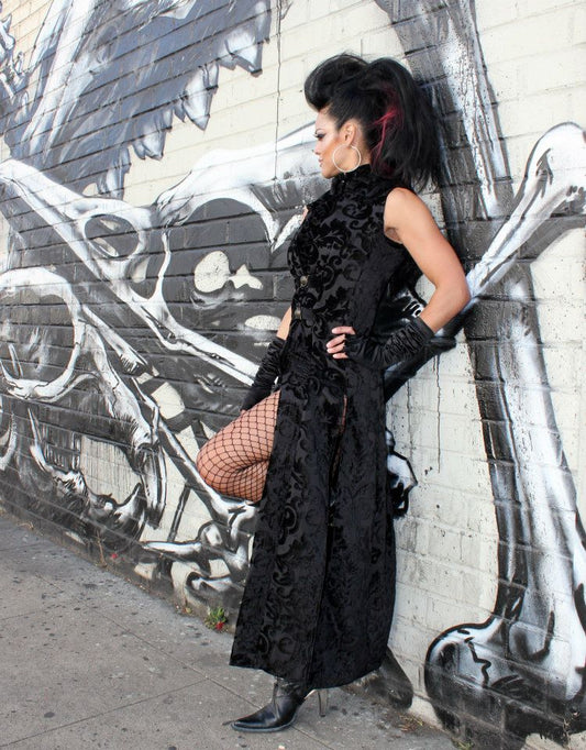 NECROMANTIC COAT/VEST - BLACK PRINT VELVET Shrine of Hollywood vest coat long velvet Women's Coats