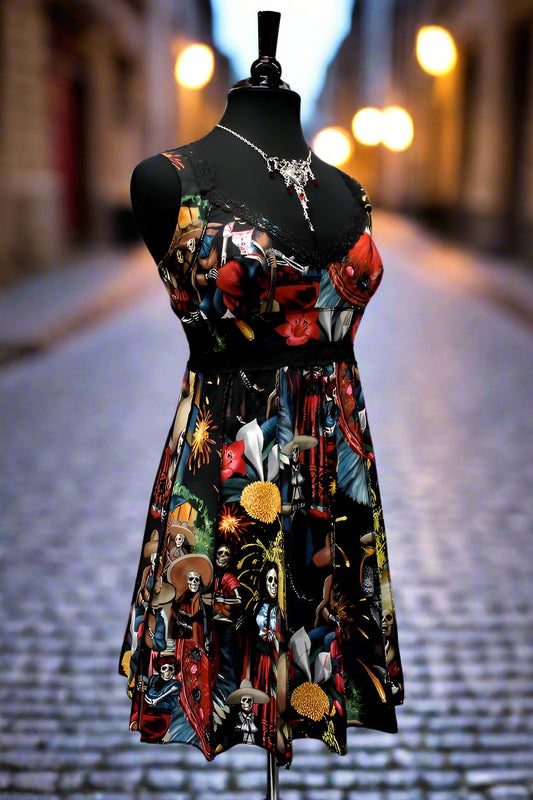 VINTAGE COCKTAIL DRESS - DIA DE LOS MUERTOS PRINT Shrine of Hollywood dress Dresses sale vintage