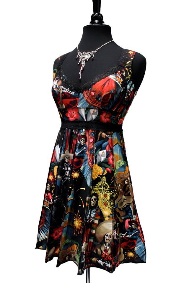 VINTAGE COCKTAIL DRESS - DIA DE LOS MUERTOS PRINT Shrine of Hollywood dress Dresses sale vintage
