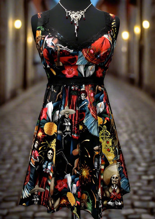 VINTAGE COCKTAIL DRESS - DIA DE LOS MUERTOS PRINT Shrine of Hollywood dress Dresses sale vintage