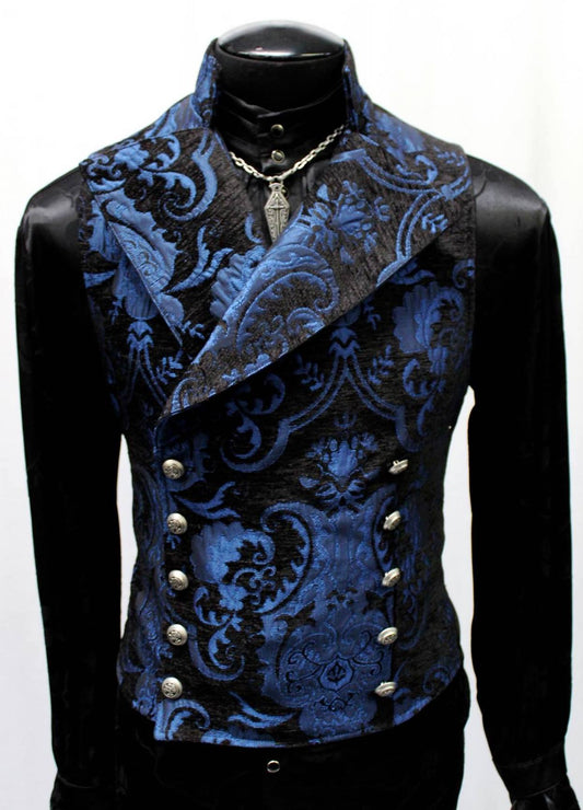 CAVALIER VEST - BLUE/BLACK TAPESTRY Shrine of Hollywood vest best seller blue cavalier dark double breasted Men's Vests steampunk tapestry vampire vest victorian