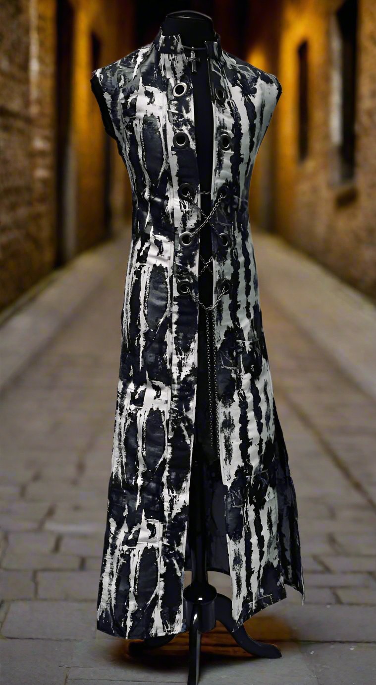 HELLRAISER W/ CHAIN - WHITE/SILVER/BLACK GRANITE Shrine of Hollywood vest floor length hellraiser long Men's Coats sleeveless