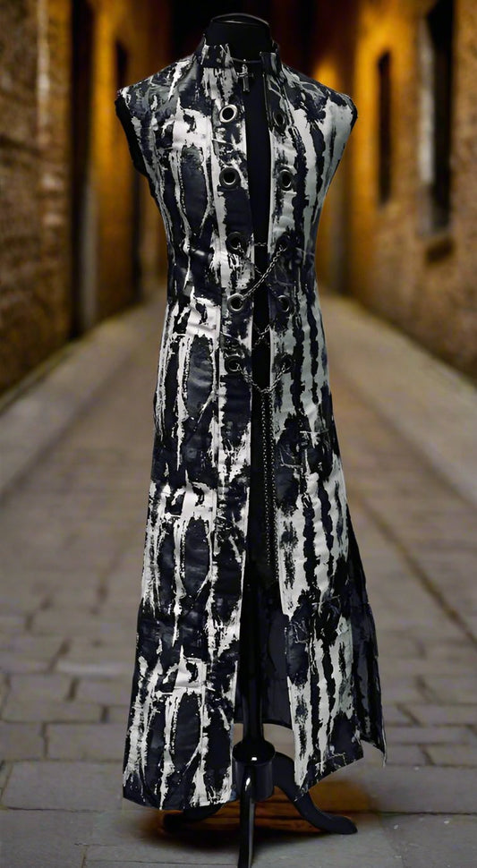 HELLRAISER W/ CHAIN - WHITE/SILVER/BLACK GRANITE Shrine of Hollywood vest floor length hellraiser long Men's Coats sleeveless