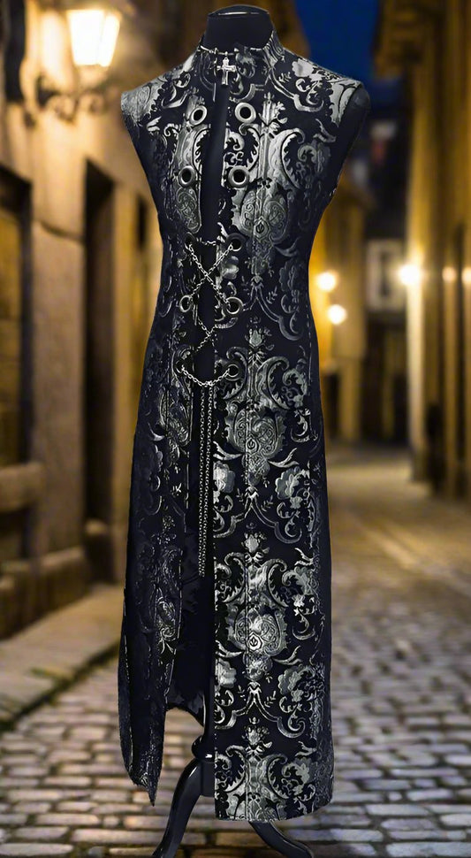 HELLRAISER W/ CHAIN - SILVER/BLACK TAPESTRY Shrine of Hollywood vest duster floor length Men's Coats sleeveless