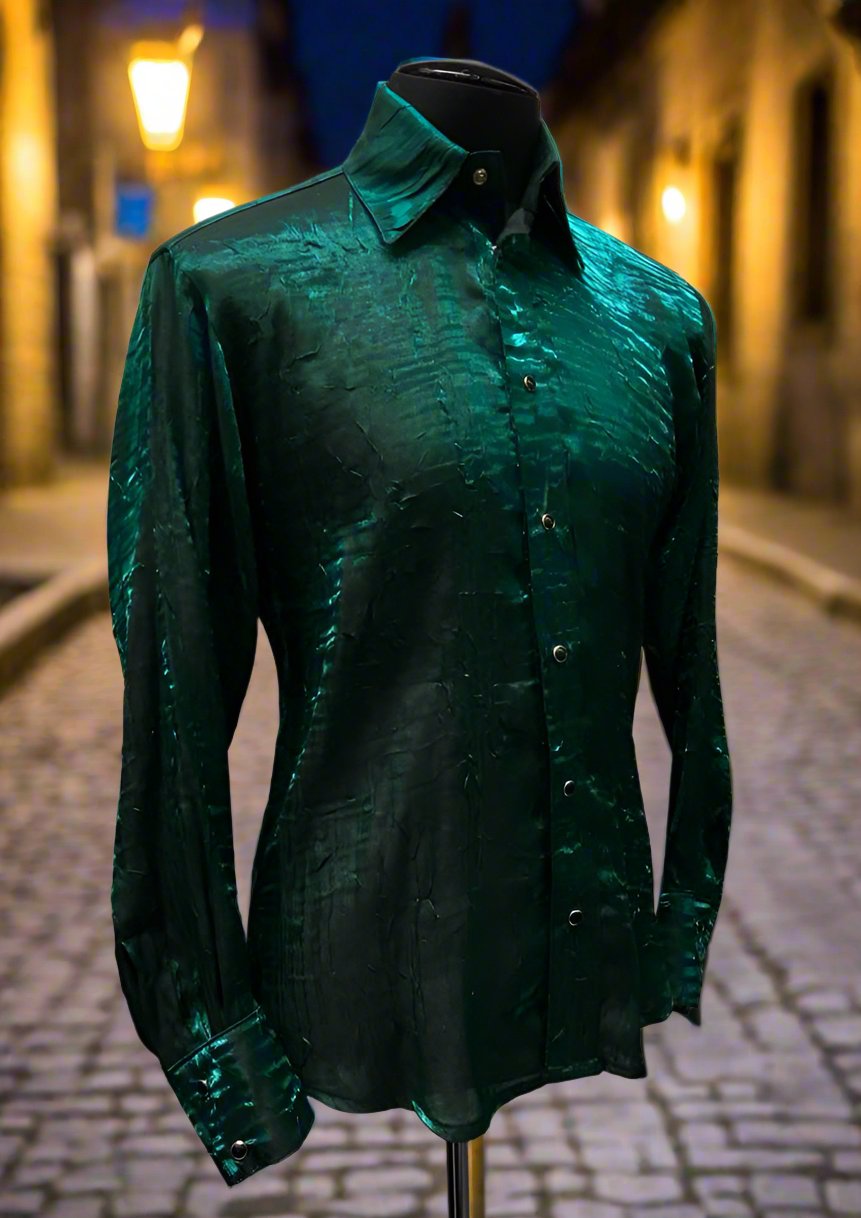Shrine of Hollywood SHIMMER SHIRT - DARK GREEN button up club dress shirt formal green long sleeve Men's Shirts shimmer wedding