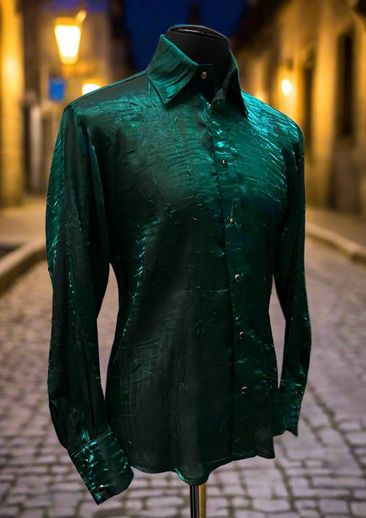 SHIMMER SHIRT - DARK GREEN Shrine of Hollywood shirt button up club dress shirt formal green long sleeve Men's Shirts shimmer wedding