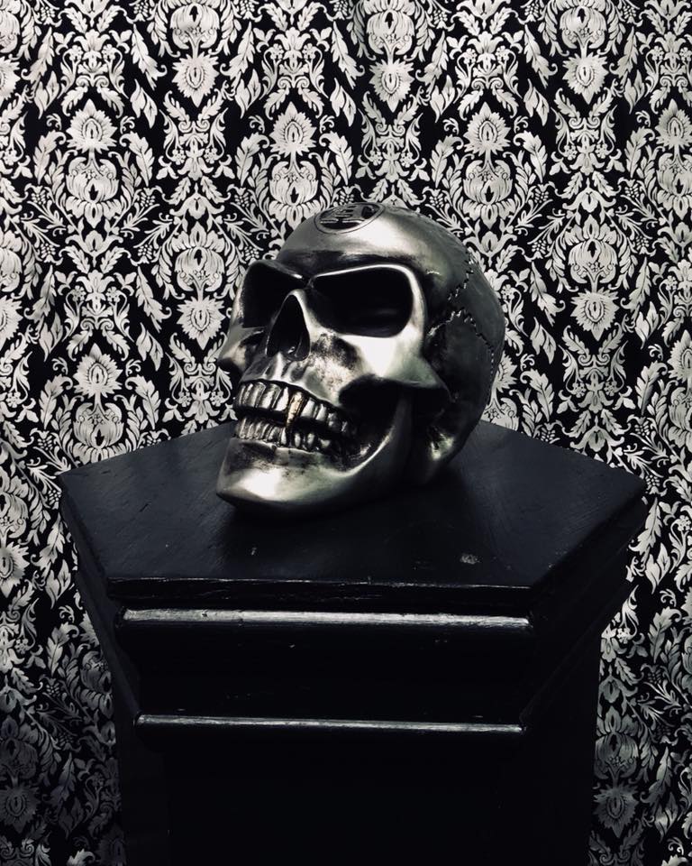 METALIZED ALCHEMIST SKULL Shrine of Hollywood art art metal silver skull statue Treasures and Relics
