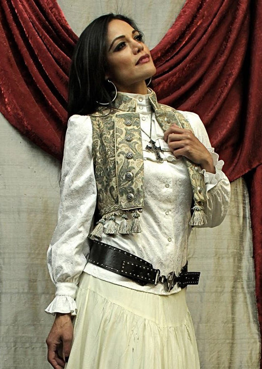 TOREADOR VEST - GREEN/IVORY TAPESTRY Shrine of Hollywood toreador vest Women's Tops