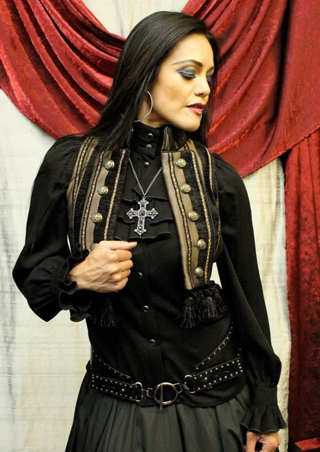 TOREADOR VEST - GOLD/BLACK STRIPE TAPESTRY Shrine of Hollywood top Women's Tops