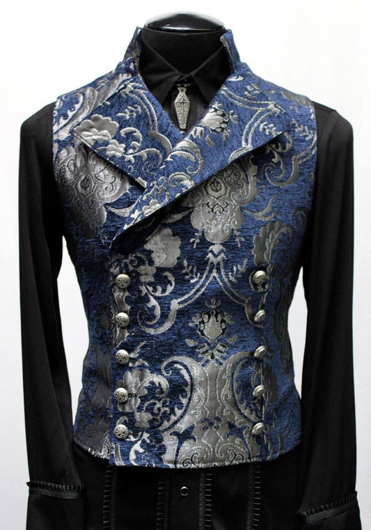 CAVALIER VEST - SILVER/BLUE TAPESTRY Shrine of Hollywood vest blue cavalier formal Men's Vests silver tapestry wedding